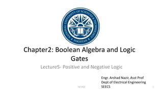 Chapter2: Boolean Algebra and Logic
Gates
Lecture5- Positive and Negative Logic
Engr. Arshad Nazir, Asst Prof
Dept of Electrical Engineering
SEECS 1
Fall 2022
 