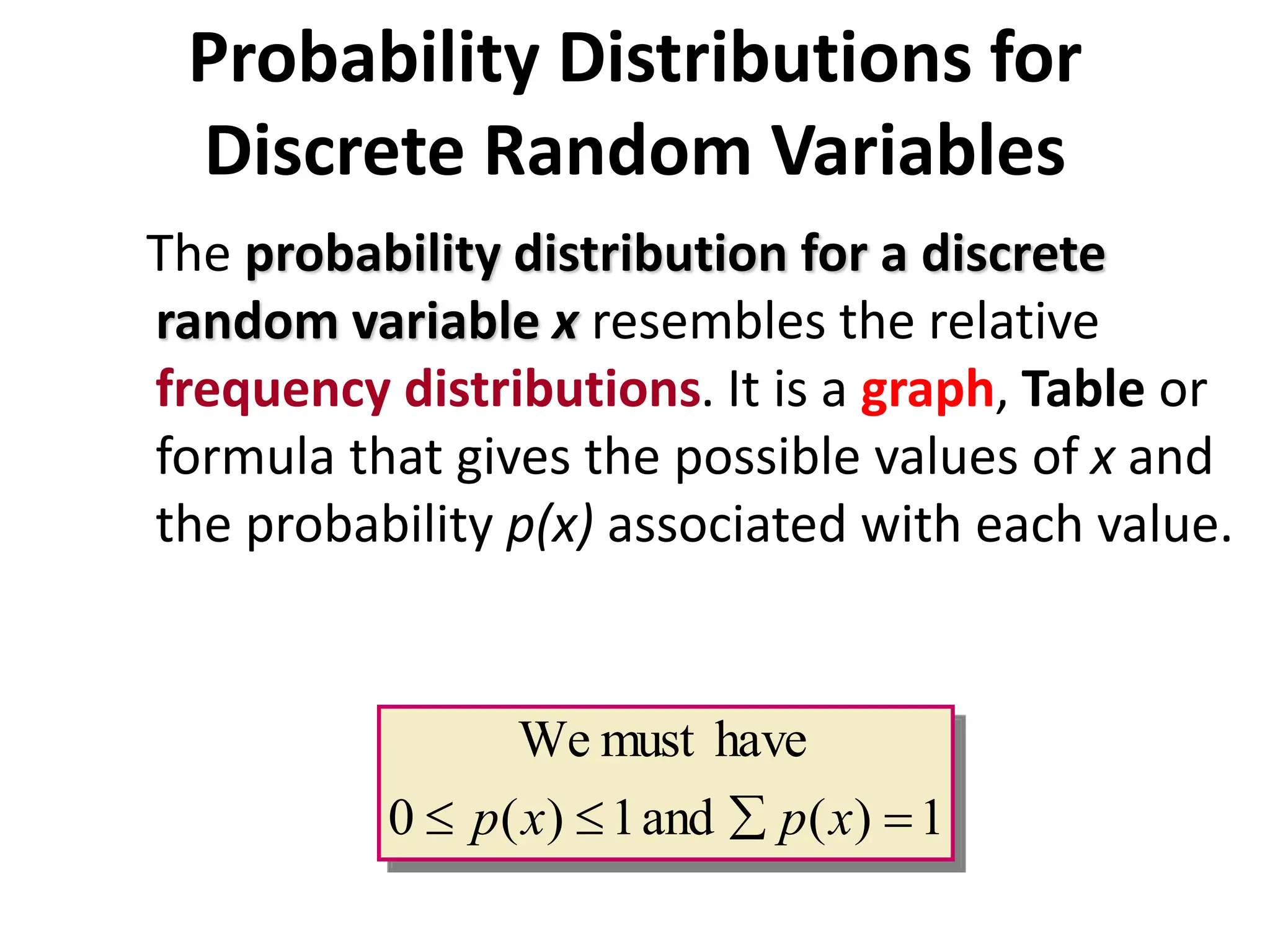 Probability Distributions for
Discrete Random Variables
The probability distribution for a discrete
random variable x resembles the relative
frequency distributions. It is a graph, Table or
formula that gives the possible values of x and
the probability p(x) associated with each value.
1
)
(
and
1
)
(
0
have
must
We



 x
p
x
p
 