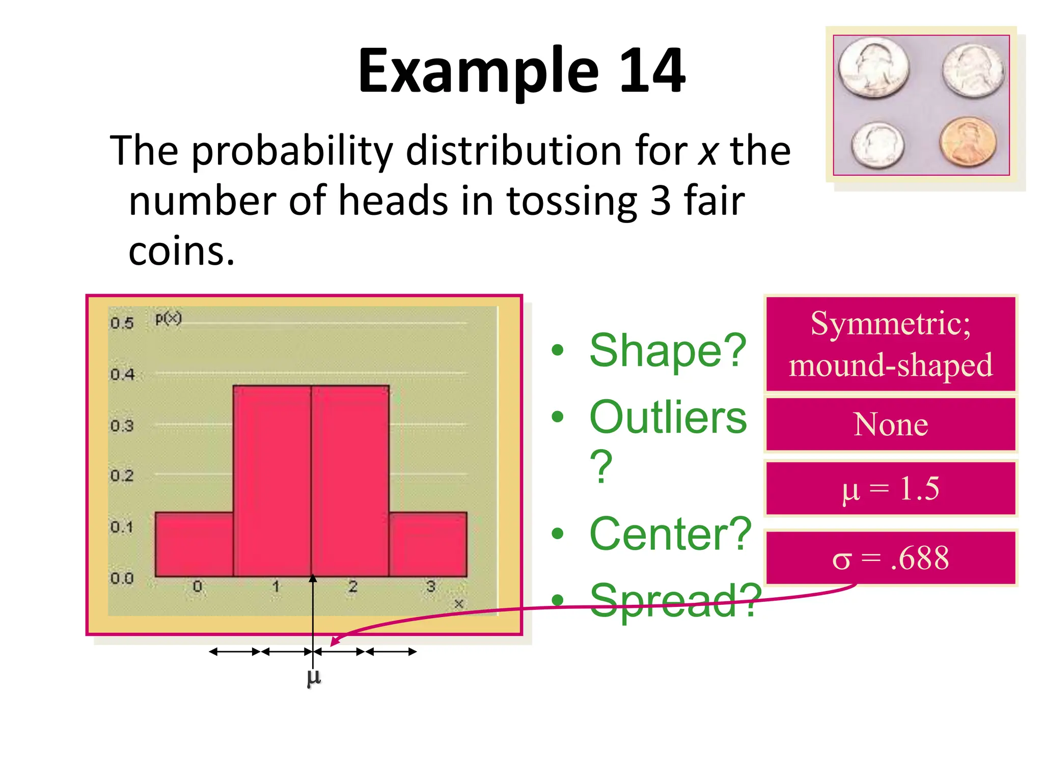 Example 14
The probability distribution for x the
number of heads in tossing 3 fair
coins.
• Shape?
• Outliers
?
• Center?
• Spread?
Symmetric;
mound-shaped
None
m = 1.5
s = .688
m
 