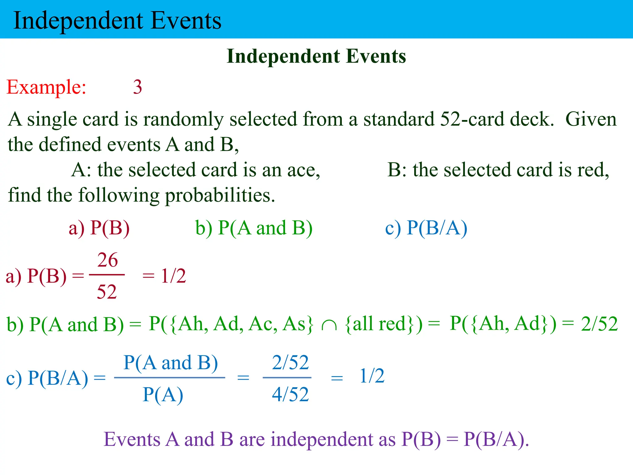 Example: 3
A single card is randomly selected from a standard 52-card deck. Given
the defined events A and B,
A: the selected card is an ace, B: the selected card is red,
find the following probabilities.
a) P(B) =
Independent Events
b) P(A and B) =
a) P(B) b) P(A and B) c) P(B/A)
Independent Events
= 1/2
P({Ah, Ad, Ac, As}  {all red}) = P({Ah, Ad}) = 2/52
Events A and B are independent as P(B) = P(B/A).
c) P(B/A) =
P(A)
P(A and B)
4/52
2/52
1/2
= =
52
26
 
