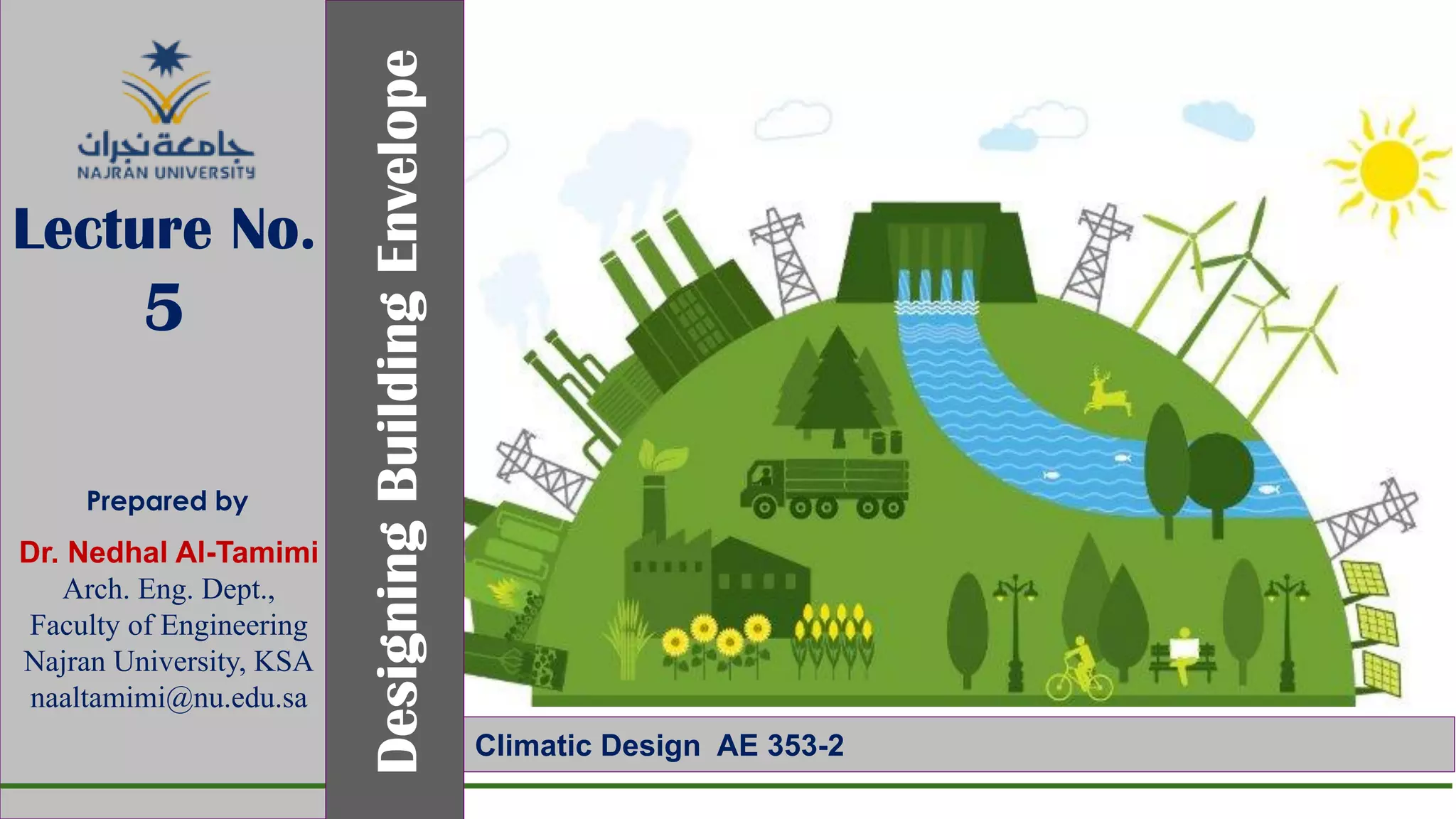 Prepared by
Dr. Nedhal Al-Tamimi
Arch. Eng. Dept.,
Faculty of Engineering
Najran University, KSA
naaltamimi@nu.edu.sa
Designing
Building
Envelope
Lecture No.
5
Climatic Design AE 353-2
 