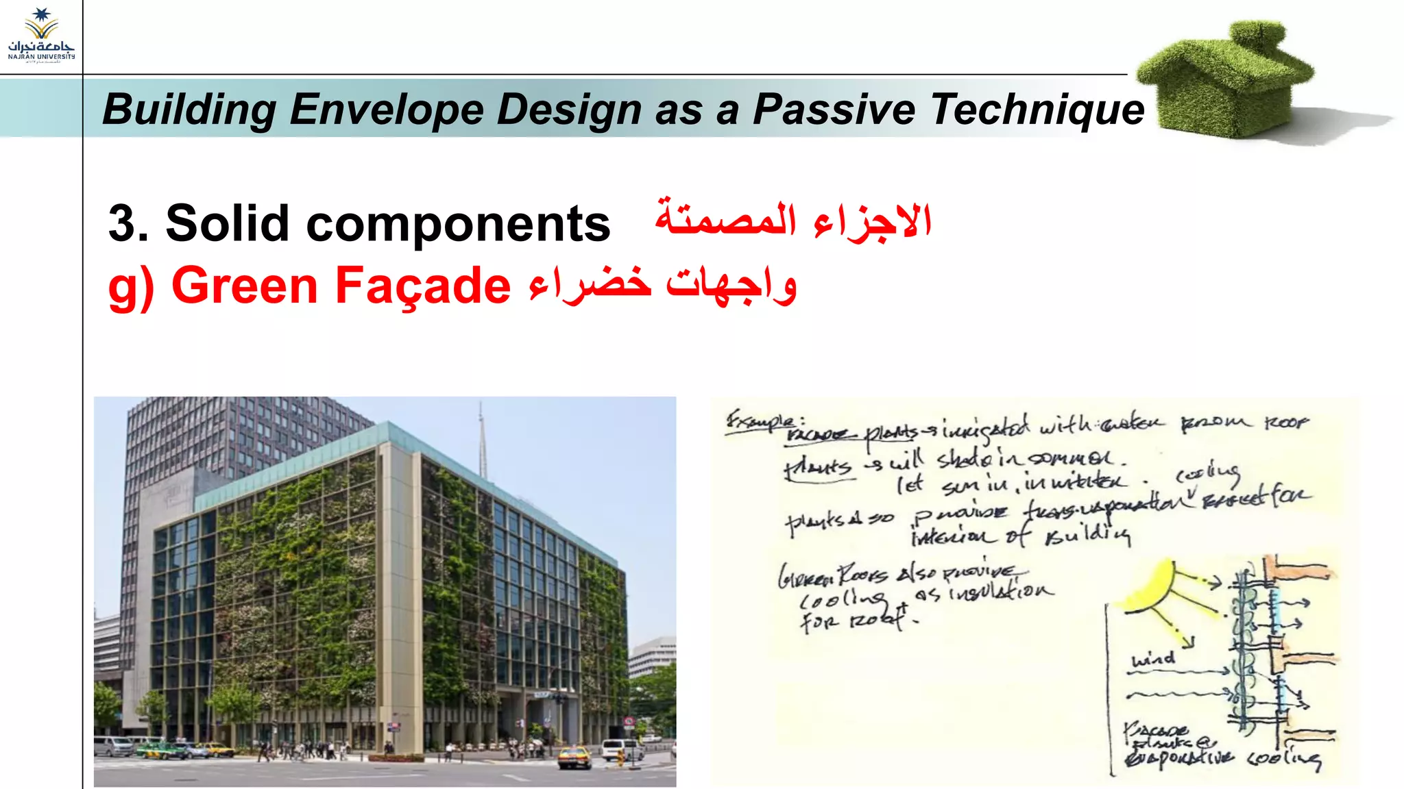 3. Solid components ‫المصمتة‬ ‫االجزاء‬
g) Green Façade ‫خضراء‬ ‫واجهات‬
Building Envelope Design as a Passive Technique
 