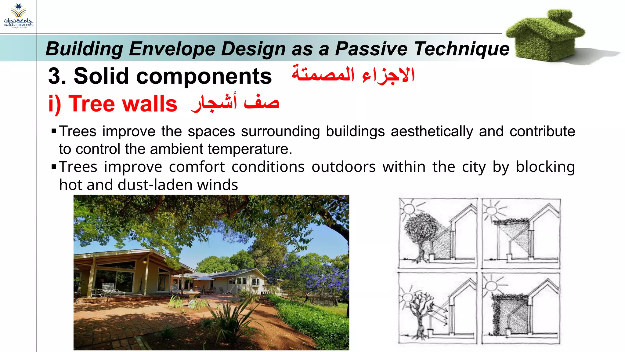 3. Solid components ‫المصمتة‬ ‫االجزاء‬
i) Tree walls ‫أشجار‬ ‫صف‬
▪Trees improve the spaces surrounding buildings aesthetically and contribute
to control the ambient temperature.
▪Trees improve comfort conditions outdoors within the city by blocking
hot and dust-laden winds
Building Envelope Design as a Passive Technique
 