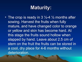 Maturity:
Maturity:
• The crop is ready in 3 ½-4 ½ months after
sowing. Harvest the fruits when fully
mature, and have changed color to orange
or yellow and skin has become hard. At
this stage the fruits sound hollow when
slapped by hand. Leave about 2.5 cm of
stem on the fruit the fruits can be stored in
a cool, dry place for 4-6 months without
deterioration.
 