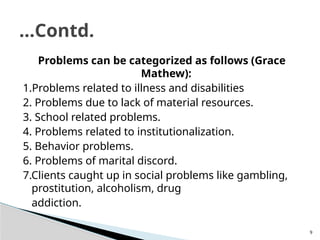 9
Problems can be categorized as follows (Grace
Mathew):
1.Problems related to illness and disabilities
2. Problems due to lack of material resources.
3. School related problems.
4. Problems related to institutionalization.
5. Behavior problems.
6. Problems of marital discord.
7.Clients caught up in social problems like gambling,
prostitution, alcoholism, drug
addiction.
…Contd.
 
