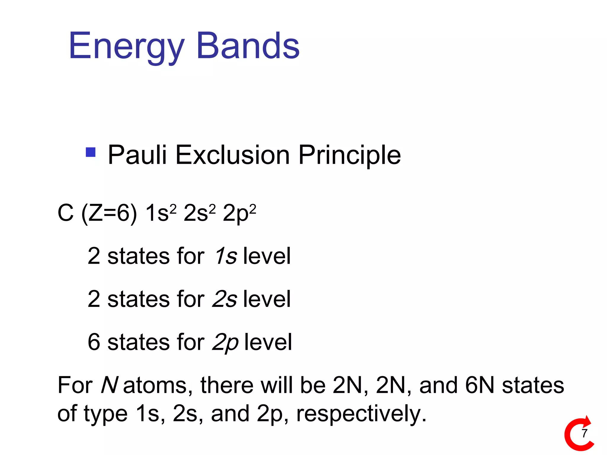 7
Energy Bands
 Pauli Exclusion Principle
C (Z=6) 1s2
2s2
2p2
2 states for 1s level
2 states for 2s level
6 states for 2p level
For N atoms, there will be 2N, 2N, and 6N states
of type 1s, 2s, and 2p, respectively.
 