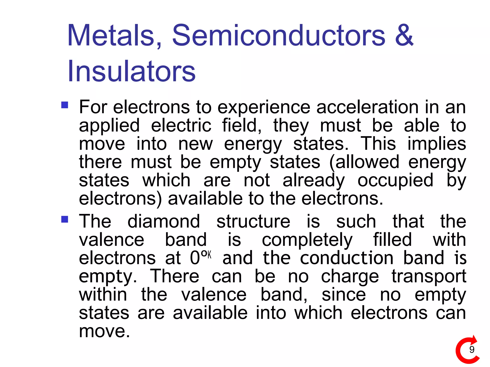 9
Metals, Semiconductors &
Insulators
 For electrons to experience acceleration in an
applied electric field, they must be able to
move into new energy states. This implies
there must be empty states (allowed energy
states which are not already occupied by
electrons) available to the electrons.
 The diamond structure is such that the
valence band is completely filled with
electrons at 0ºK
and the conduction band is
empty. There can be no charge transport
within the valence band, since no empty
states are available into which electrons can
move.
 