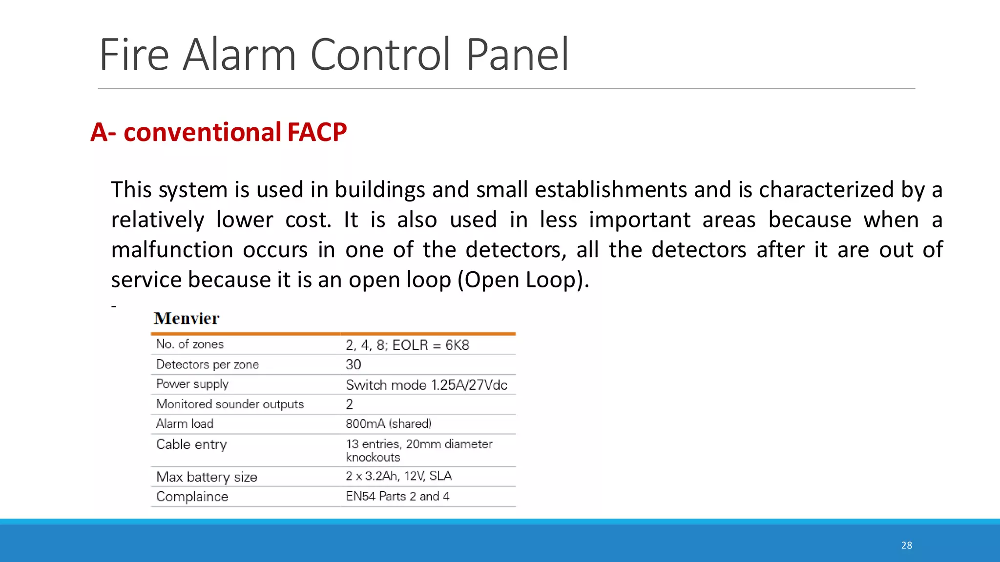 Fire Alarm Control Panel
28
A- conventional FACP
This system is used in buildings and small establishments and is characterized by a
relatively lower cost. It is also used in less important areas because when a
malfunction occurs in one of the detectors, all the detectors after it are out of
service because it is an open loop (Open Loop).
-
 