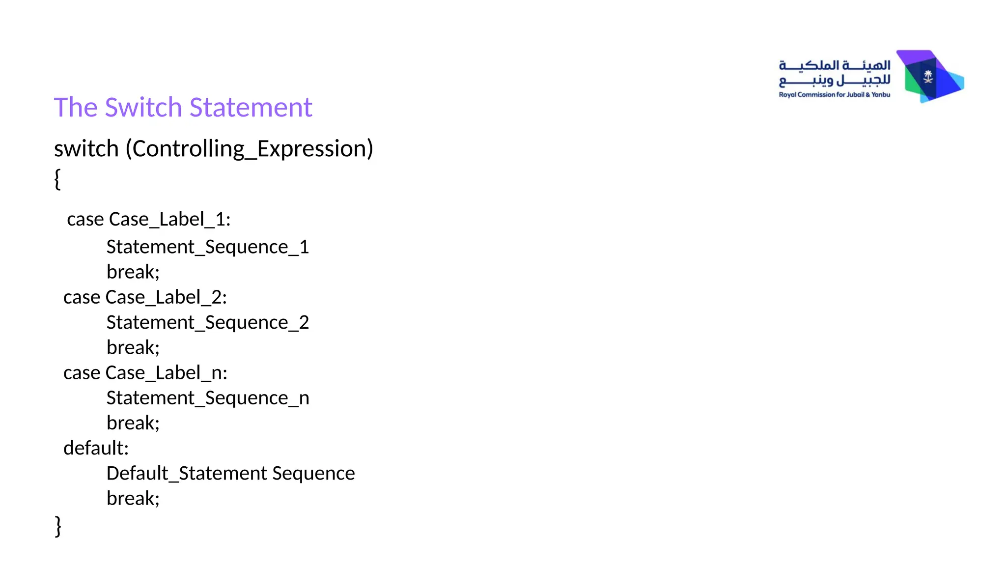 switch (Controlling_Expression)
{
case Case_Label_1:
Statement_Sequence_1
break;
case Case_Label_2:
Statement_Sequence_2
break;
case Case_Label_n:
Statement_Sequence_n
break;
default:
Default_Statement Sequence
break;
}
The Switch Statement
 