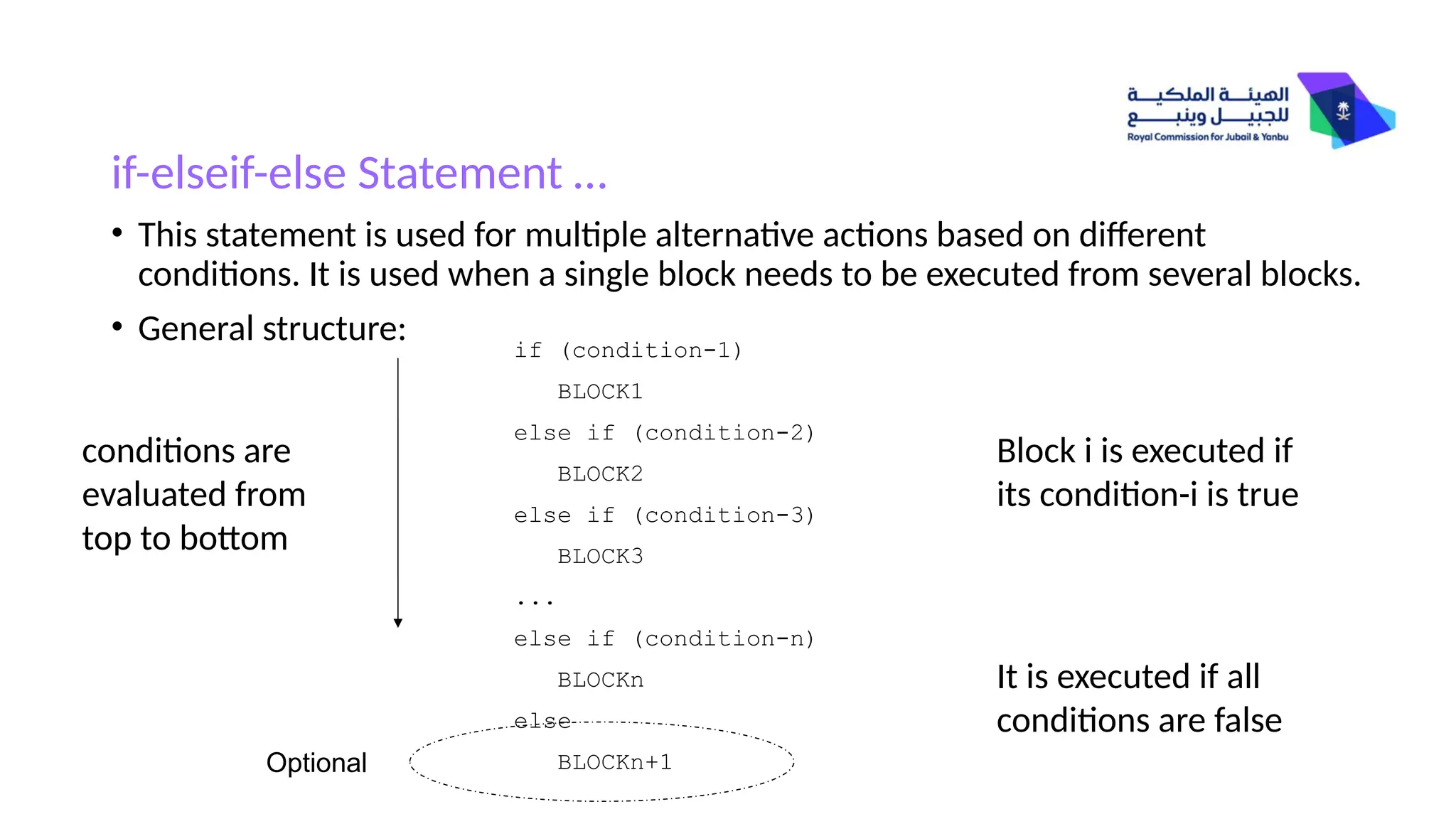 if-elseif-else Statement …
• This statement is used for multiple alternative actions based on different
conditions. It is used when a single block needs to be executed from several blocks.
• General structure: if (condition-1)
BLOCK1
else if (condition-2)
BLOCK2
else if (condition-3)
BLOCK3
...
else if (condition-n)
BLOCKn
else
BLOCKn+1
Optional
Block i is executed if
its condition-i is true
It is executed if all
conditions are false
conditions are
evaluated from
top to bottom
 