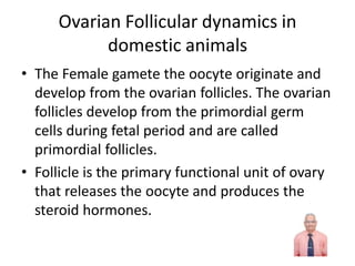Ovarian Follicular dynamics in
domestic animals
• The Female gamete the oocyte originate and
develop from the ovarian follicles. The ovarian
follicles develop from the primordial germ
cells during fetal period and are called
primordial follicles.
• Follicle is the primary functional unit of ovary
that releases the oocyte and produces the
steroid hormones.
 