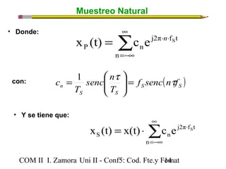 Muestreo Natural 
• Donde: å¥ 
x (t) = c e × n × 
S 
P n 
=-¥ 
n 
j2π f t 
æ 
senc n 
T 
ö 
c t t = ÷ ÷ø 
ç çè 
con: = 1 
n f senc n f 
• Y se tiene que: 
( ) S S 
å¥ 
T 
S S 
= × × 
x (t) x(t) c e S 
S n 
=-¥ 
n 
j2π f t 
COM II I. Zamora U n i II - Conf5: Cod. Fte.y F1o4mat 
 