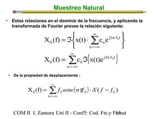 Muestreo Natural 
• Estas relaciones en el dominio de la frecuencia, y aplicando la 
transformada de Fourier provee la relación siguiente: 
¥ 
å 
X (f) x(t) c e 
S n 
=-¥ 
× 
î í ì 
= Á × 
n 
j2π f t 
S 
å ¥ 
{ } 
= Á 
X (f) c x(t)e 
S n 
=-¥ 
× 
þ ý ü 
n 
j2π f t 
S 
• De la propiedad de desplazamiento : 
( ) å¥ 
=-¥ 
X (f) = f senc ntf × X ( f - 
f 
) S S S S n 
COM II I. Zamora U n i II - Conf5: Cod. Fte.y F1o5mat 
 