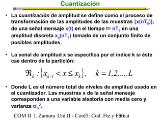 Cuantización 
• La cuantización de amplitud se define como el proceso de 
transformación de las amplitudes de las muestras {x(nTS)}, 
de una señal mensaje x(t) en el tiempo t= nTS en una 
amplitud discreta xq(nTS) tomado de un conjunto finito de 
posibles amplitudes. 
• La señal de amplitud x se especifica por el índice k si éste 
cae dentro de la partición: 
: {x x x }, k 1,2,...,L k k -1 k Â < £ = 
• Donde L es el número total de niveles de amplitud usado en 
el cuantizador. Las muestras x de la señal mensaje 
corresponden a una variable aleatoria con media cero y 
varianza sx 
2. 
COM II I. Zamora U n i II - Conf5: Cod. Fte.y F3o0mat 
 