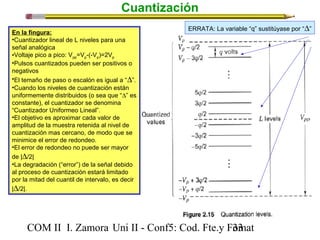Cuantización 
En la fingura: 
•Cuantizador lineal de L niveles para una 
señal analógica 
•Voltaje pico a pico: Vpp=Vp-(-Vp)=2Vp 
•Pulsos cuantizados pueden ser positivos o 
negativos 
•El temaño de paso o escalón es igual a “D”. 
•Cuando los niveles de cuantización están 
uniformemente distribuidos (o sea que “D” es 
constante), el cuantizador se denomina 
“Cuantizador Uniformeo Lineal”. 
•El objetivo es aproximar cada valor de 
amplitud de la muestra retenida al nivel de 
cuantización mas cercano, de modo que se 
minimice el error de redondeo. 
•El error de redondeo no puede ser mayor 
de |D/2| 
•La degradación (“error”) de la señal debido 
al proceso de cuantización estará limitado 
por la mitad del cuantil de intervalo, es decir 
|D/2|. 
ERRATA: La variable “q” sustitúyase por “D” 
COM II I. Zamora U n i II - Conf5: Cod. Fte.y F3o3mat 
 