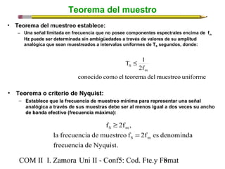 Teorema del muestro 
• Teorema del muestreo establece: 
– Una señal limitada en frecuencia que no posee componentes espectrales encima de fm 
Hz puede ser determinada sin ambigüedades a través de valores de su amplitud 
analógica que sean muestreados a intervalos uniformes de TS segundos, donde: 
T 1 
2f 
m 
S £ 
conocido como el teorema del muestreo uniforme 
• Teorema o criterio de Nyquist: 
– Establece que la frecuencia de muestreo mínima para representar una señal 
analógica a través de sus muestras debe ser al menos igual a dos veces su ancho 
de banda efectivo (frecuencia máxima): 
³ 
f 2f , 
S m 
= 
la frecuencia de muestreo f 2f es denominda 
frecuencia de Nyquist. 
S m 
COM II I. Zamora U n i II - Conf5: Cod. Fte.y F8omat 
 