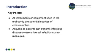 Introduction
Key Points:
● All instruments or equipment used in the
oral cavity are potential sources of
cross-infection.
● Assume all patients can transmit infectious
diseases—use universal infection control
measures.
 