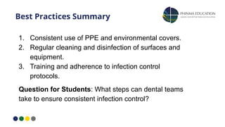 Best Practices Summary
1. Consistent use of PPE and environmental covers.
2. Regular cleaning and disinfection of surfaces and
equipment.
3. Training and adherence to infection control
protocols.
Question for Students: What steps can dental teams
take to ensure consistent infection control?
 