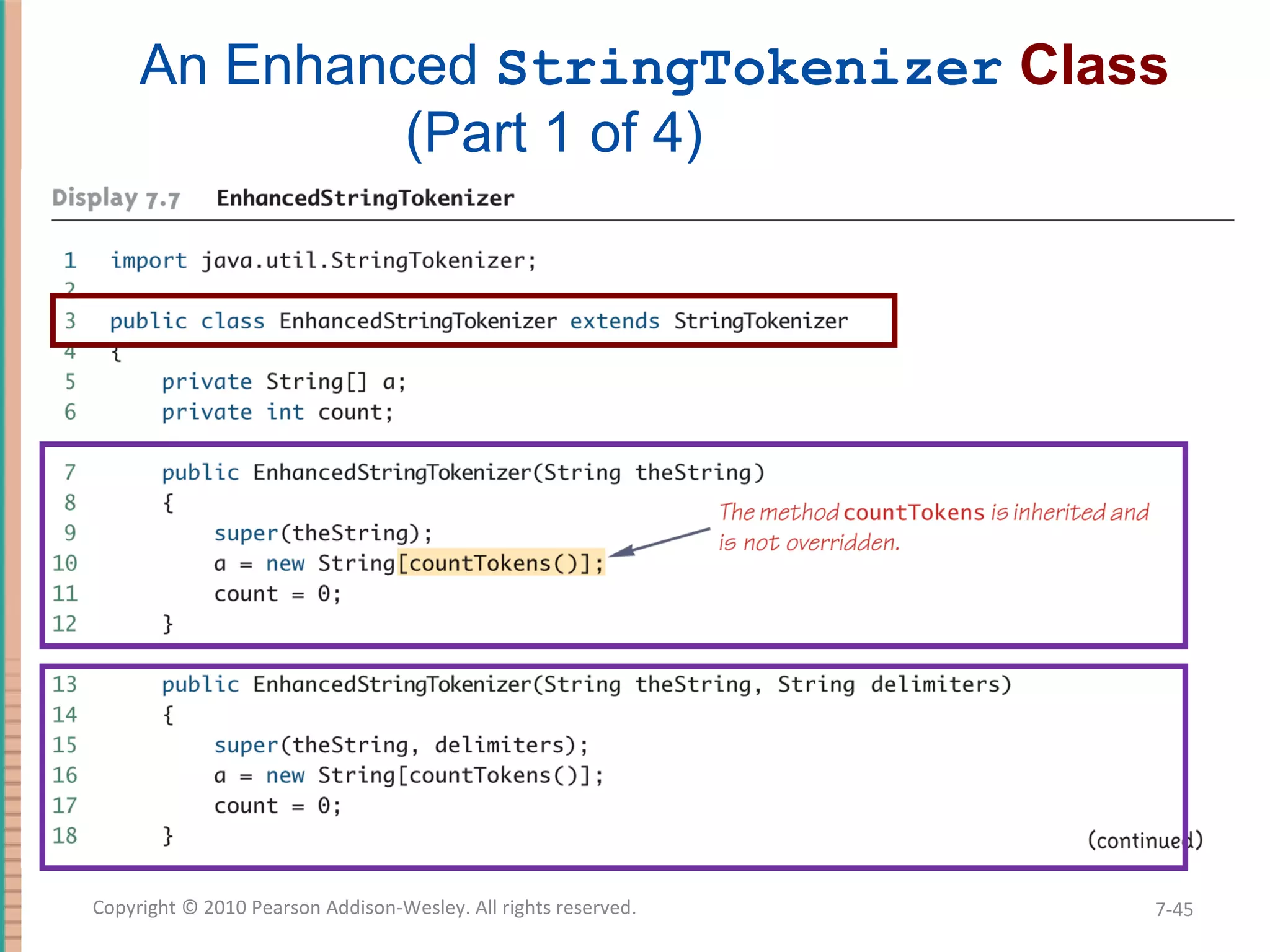 7-45Copyright © 2010 Pearson Addison-Wesley. All rights reserved. An Enhanced StringTokenizer Class (Part 1 of 4) 