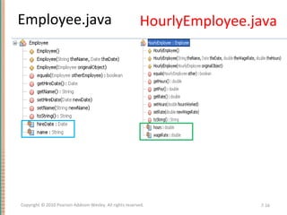 HourlyEmployee.java
7-16Copyright © 2010 Pearson Addison-Wesley. All rights reserved.
Employee.java
 