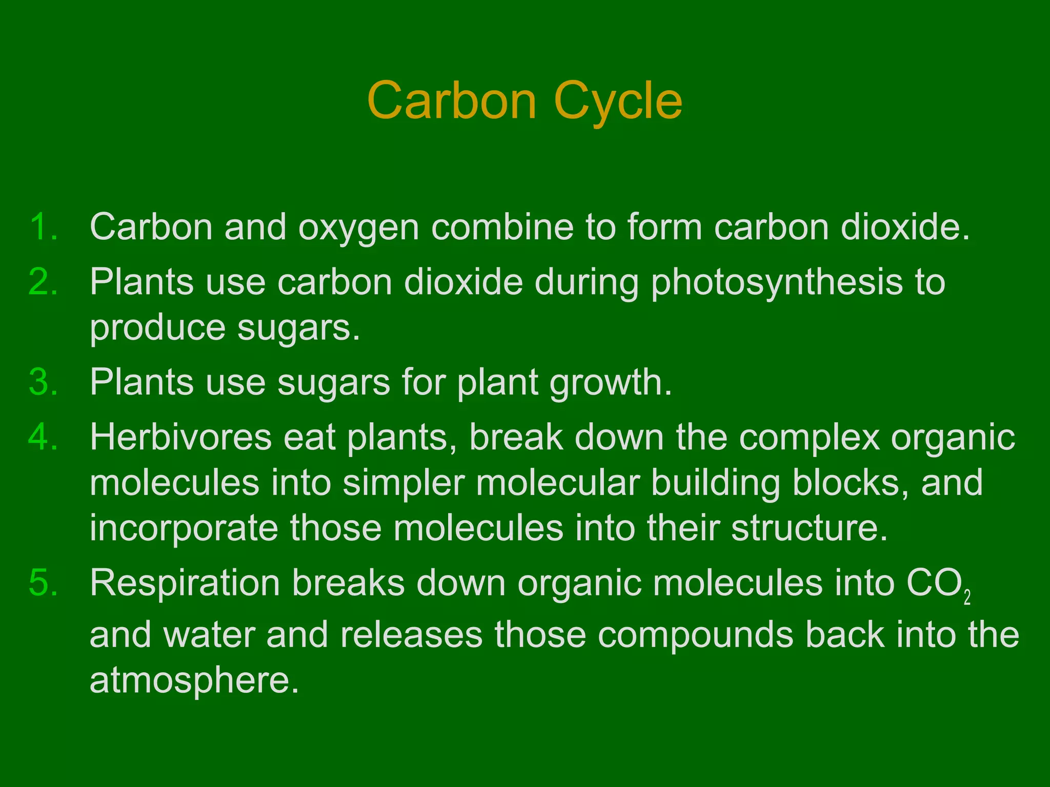 Carbon Cycle

1. Carbon and oxygen combine to form carbon dioxide.
2. Plants use carbon dioxide during photosynthesis to
   produce sugars.
3. Plants use sugars for plant growth.
4. Herbivores eat plants, break down the complex organic
   molecules into simpler molecular building blocks, and
   incorporate those molecules into their structure.
5. Respiration breaks down organic molecules into CO2
   and water and releases those compounds back into the
   atmosphere.
 