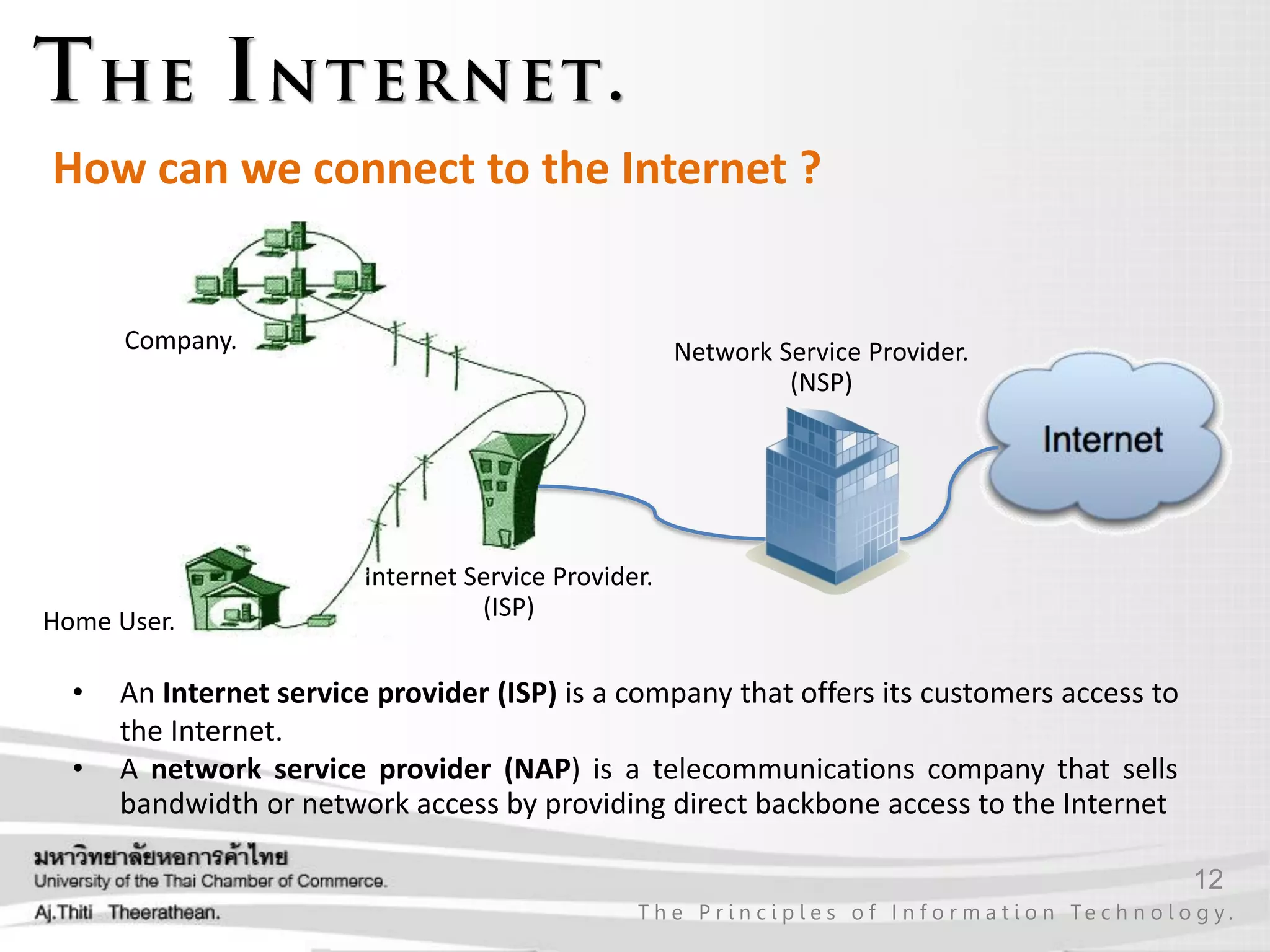 12
T h e P r i n c i p l e s o f I n f o r m a t i o n Te c h n o l o g y .
How can we connect to the Internet ?
• An Internet service provider (ISP) is a company that offers its customers access to
the Internet.
• A network service provider (NAP) is a telecommunications company that sells
bandwidth or network access by providing direct backbone access to the Internet
Network Service Provider.
(NSP)
Internet Service Provider.
(ISP)
Company.
Home User.
 