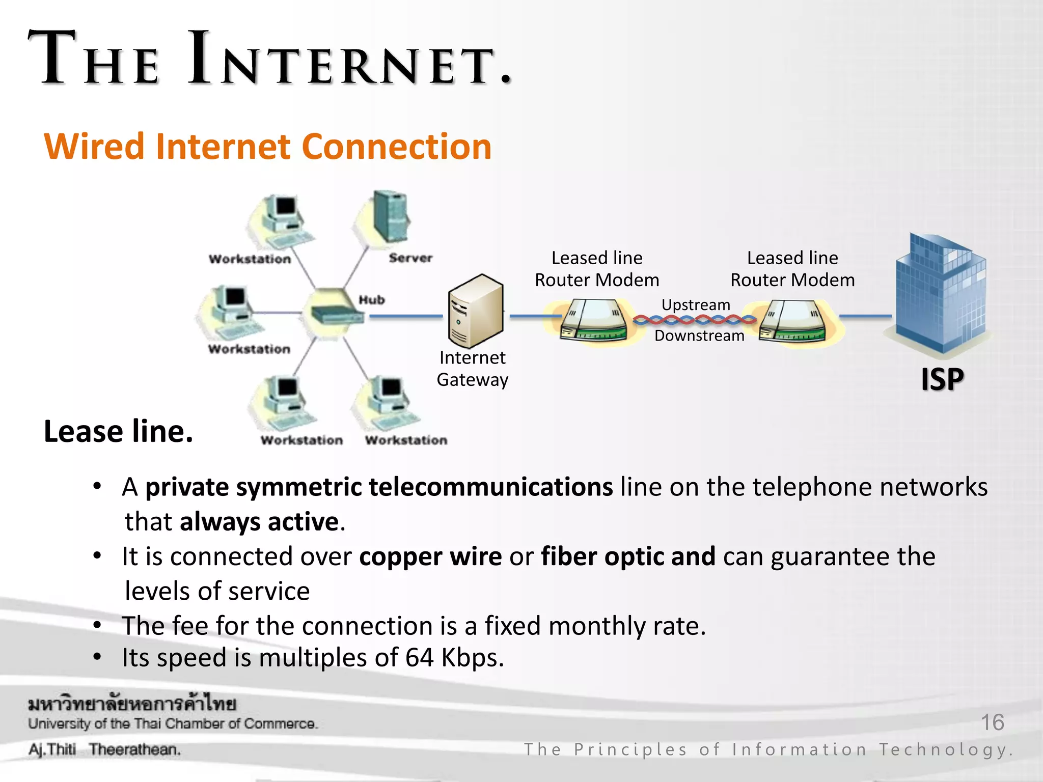16
T h e P r i n c i p l e s o f I n f o r m a t i o n Te c h n o l o g y .
Wired Internet Connection
Lease line.
Internet
Gateway ISP
Leased line
Router Modem
Upstream
Downstream
• A private symmetric telecommunications line on the telephone networks
that always active.
• It is connected over copper wire or fiber optic and can guarantee the
levels of service
• The fee for the connection is a fixed monthly rate.
• Its speed is multiples of 64 Kbps.
Leased line
Router Modem
 