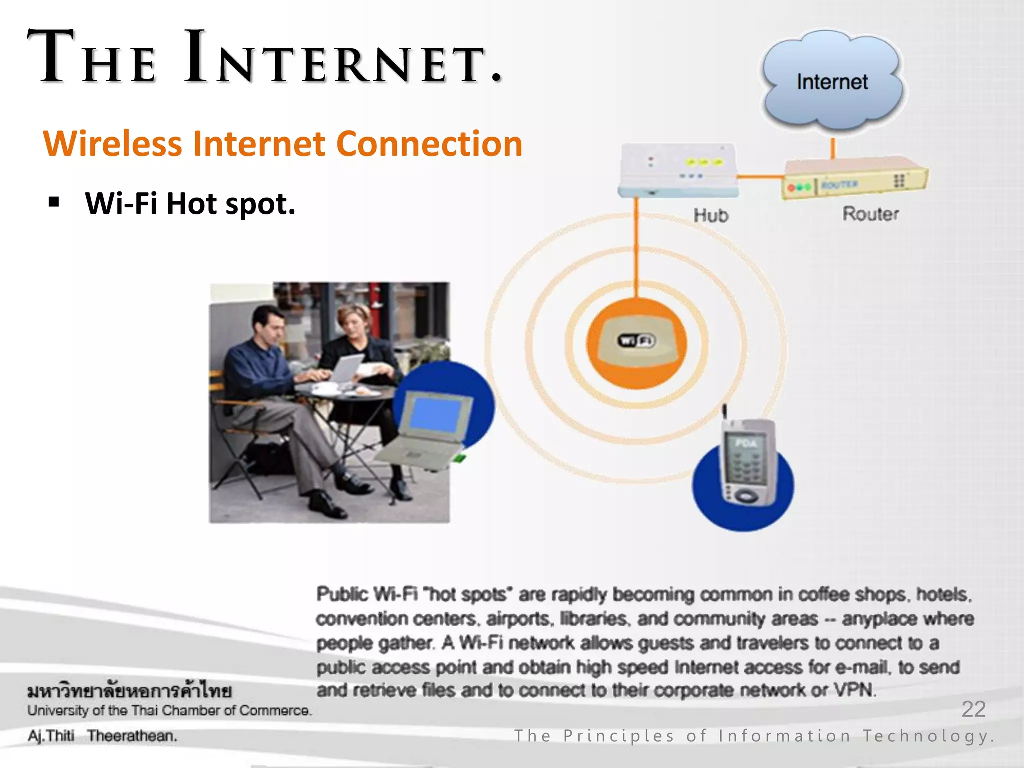 22
T h e P r i n c i p l e s o f I n f o r m a t i o n Te c h n o l o g y .
Wireless Internet Connection
 Wi-Fi Hot spot.
 