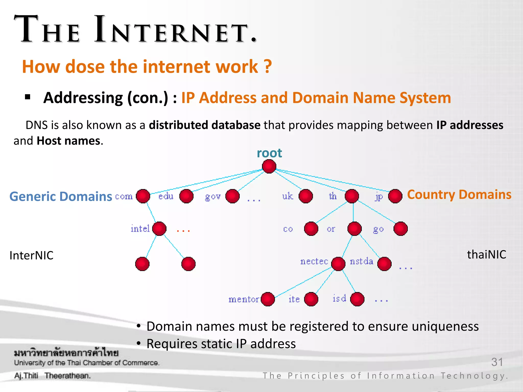 31
T h e P r i n c i p l e s o f I n f o r m a t i o n Te c h n o l o g y .
How dose the internet work ?
 Addressing (con.) : IP Address and Domain Name System
DNS is also known as a distributed database that provides mapping between IP addresses
and Host names.
root
Generic Domains Country Domains
• Domain names must be registered to ensure uniqueness
• Requires static IP address
InterNIC thaiNIC
 