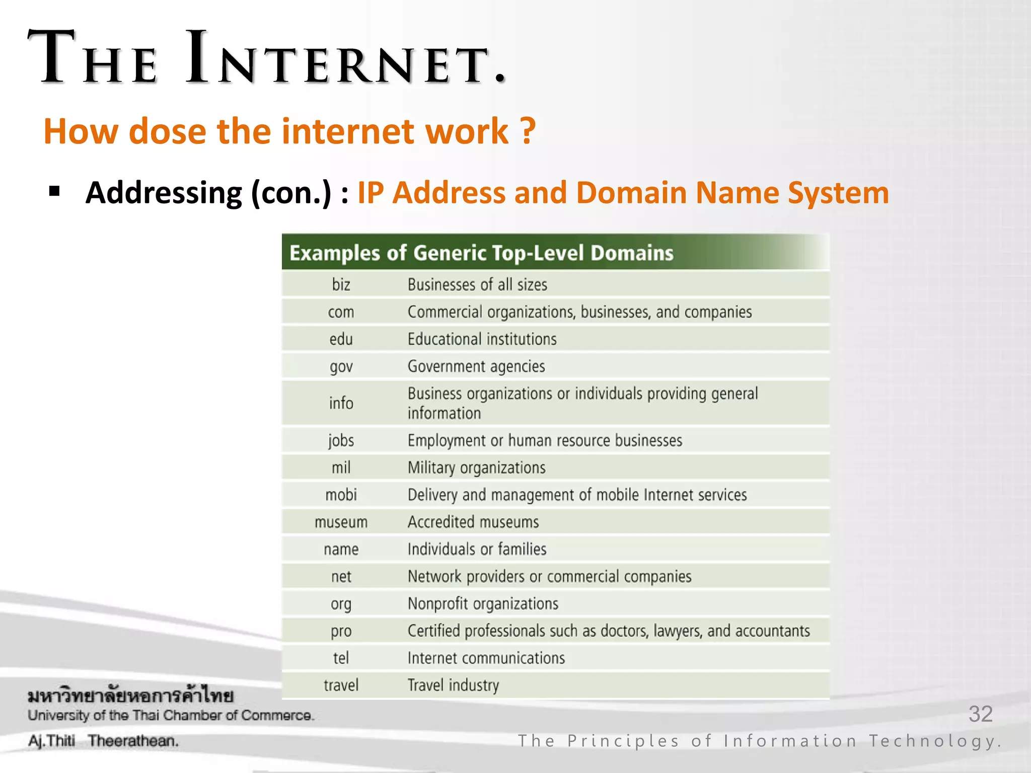 32
T h e P r i n c i p l e s o f I n f o r m a t i o n Te c h n o l o g y .
How dose the internet work ?
 Addressing (con.) : IP Address and Domain Name System
 