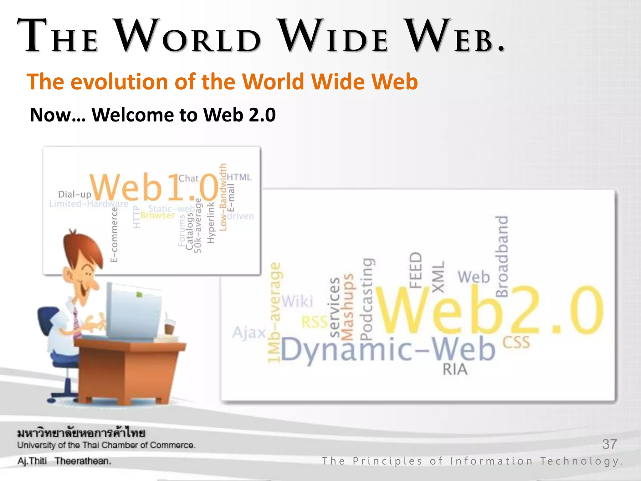 37
T h e P r i n c i p l e s o f I n f o r m a t i o n Te c h n o l o g y .
The evolution of the World Wide Web
Now… Welcome to Web 2.0
 