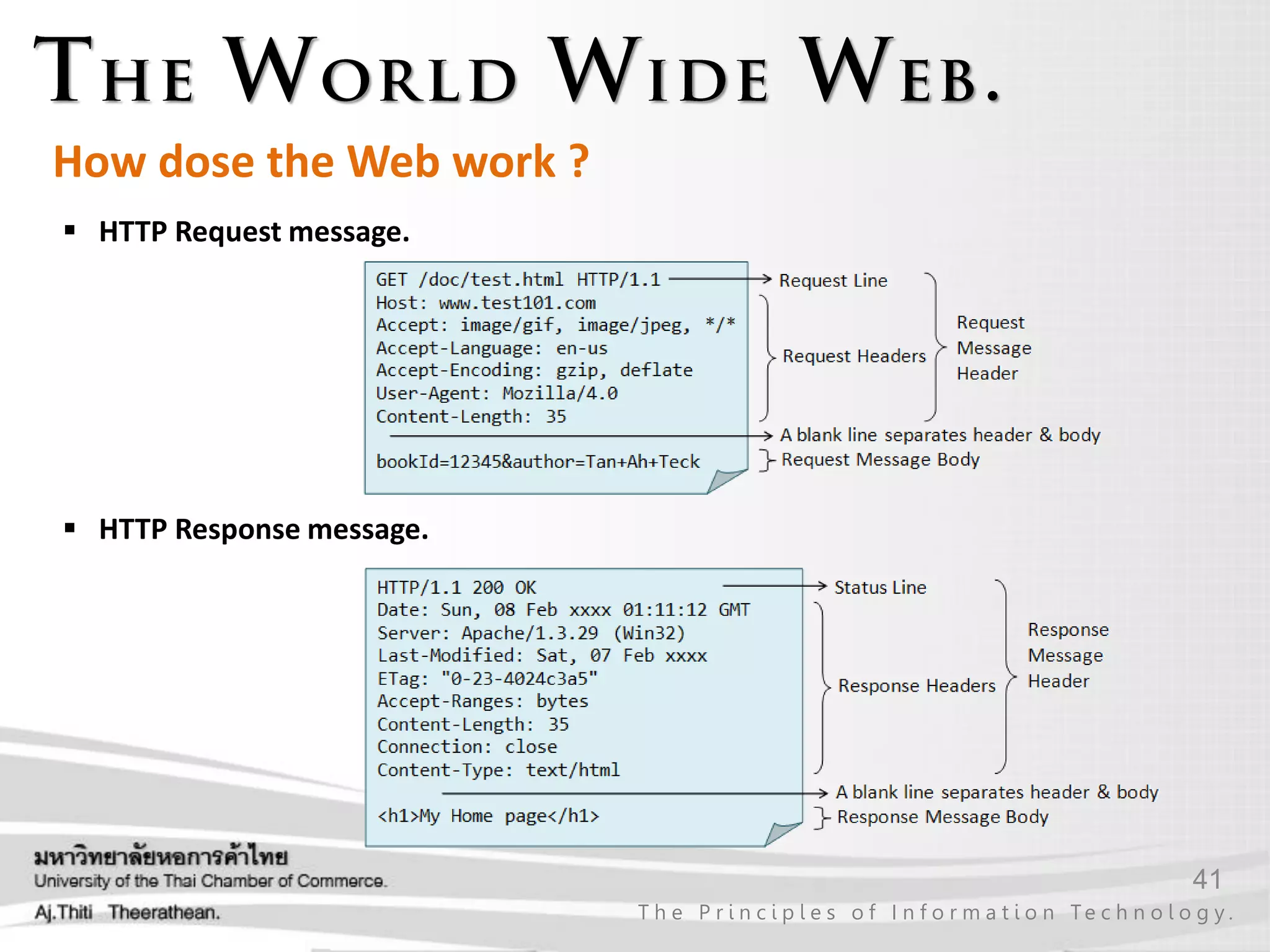41
T h e P r i n c i p l e s o f I n f o r m a t i o n Te c h n o l o g y .
How dose the Web work ?
 HTTP Request message.
 HTTP Response message.
 