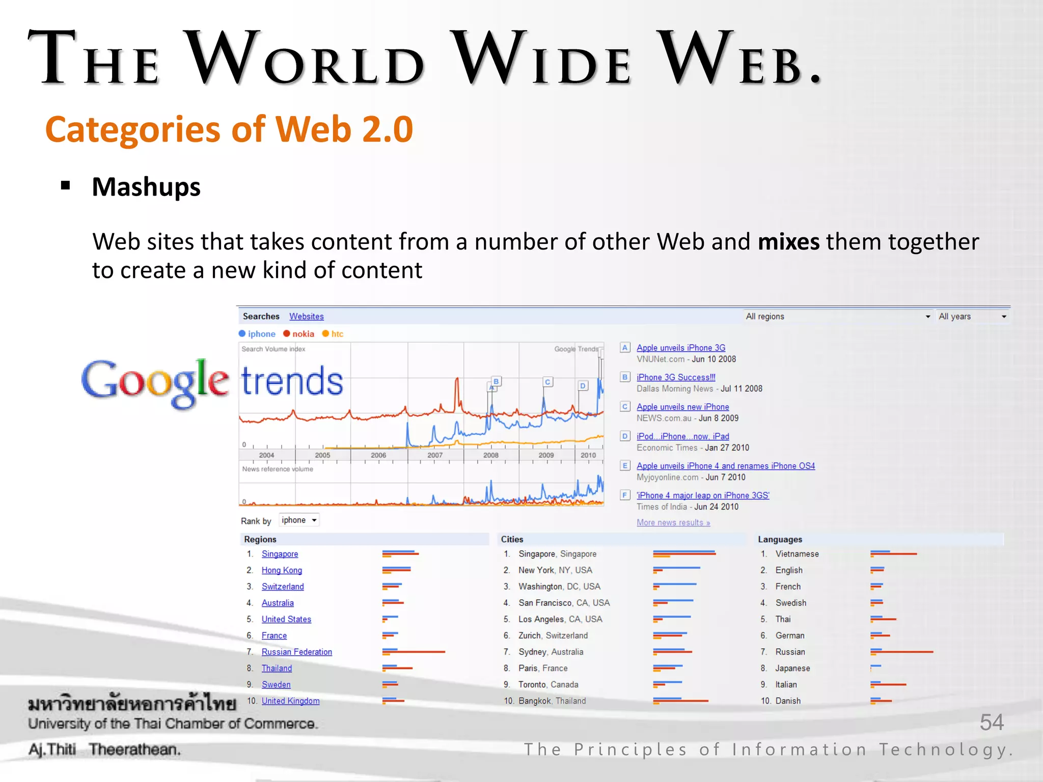 54
T h e P r i n c i p l e s o f I n f o r m a t i o n Te c h n o l o g y .
Categories of Web 2.0
 Mashups
Web sites that takes content from a number of other Web and mixes them together
to create a new kind of content
 