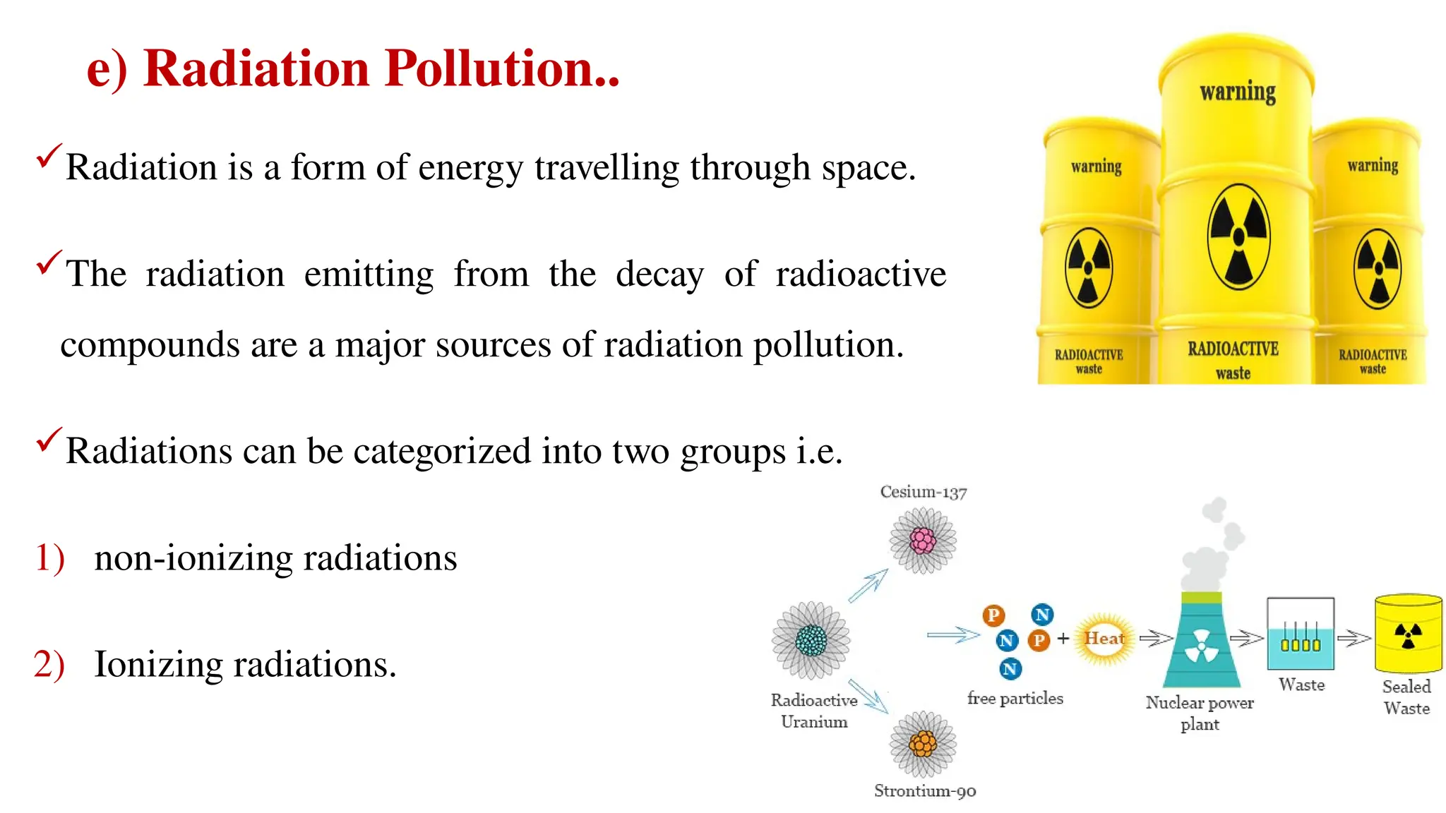 e) Radiation Pollution..
Radiation is a form of energy travelling through space.
The radiation emitting from the decay of radioactive
compounds are a major sources of radiation pollution.
Radiations can be categorized into two groups i.e.
1) non-ionizing radiations
2) Ionizing radiations.
 