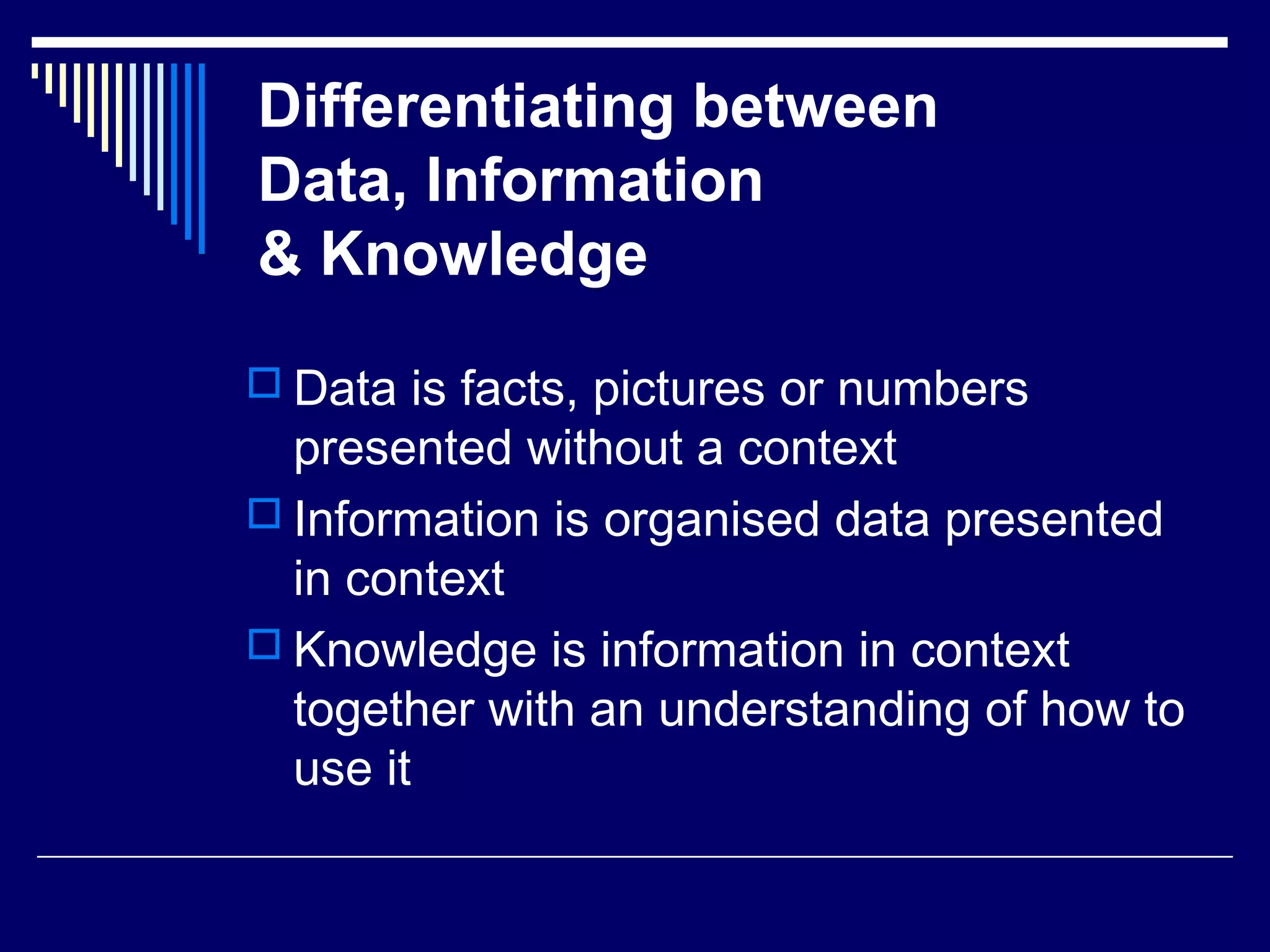 Differentiating between
Data, Information
& Knowledge
 Data is facts, pictures or numbers
presented without a context
 Information is organised data presented
in context
 Knowledge is information in context
together with an understanding of how to
use it
 