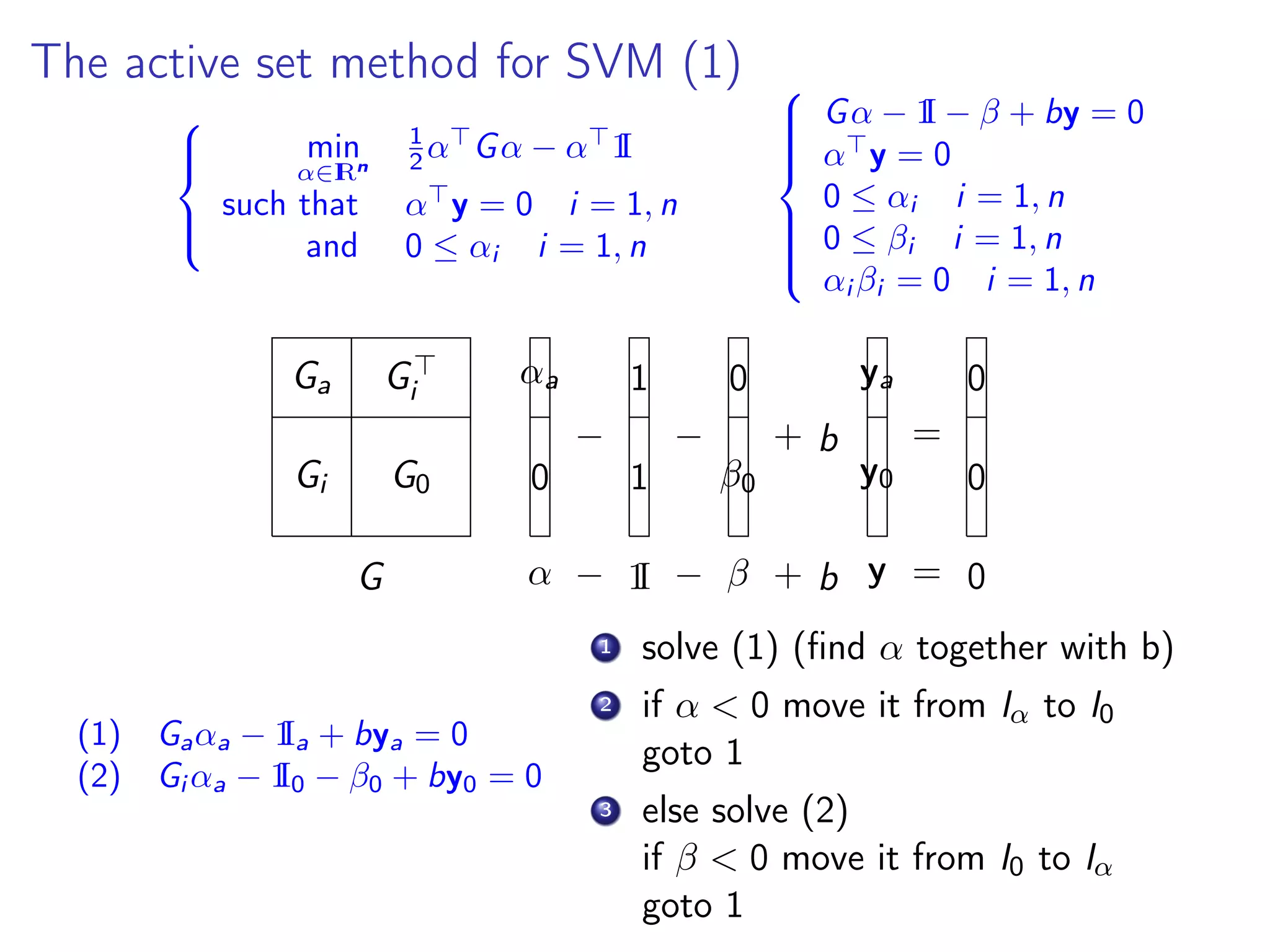 The active set method for SVM (1)    min α∈IRn 1 2 α Gα − α 1I such that α y = 0 i = 1, n and 0 ≤ αi i = 1, n    Gα − 1I − β + by = 0 α y = 0 0 ≤ αi i = 1, n 0 ≤ βi i = 1, n αi βi = 0 i = 1, n αa 0 − − + b 1 1 0 β0 ya y0 = 0 0 G α − −1I β + b y = 0 Ga Gi G0 Gi (1) Gaαa − 1Ia + bya = 0 (2) Gi αa − 1I0 − β0 + by0 = 0 1 solve (1) (ﬁnd α together with b) 2 if α < 0 move it from Iα to I0 goto 1 3 else solve (2) if β < 0 move it from I0 to Iα goto 1 