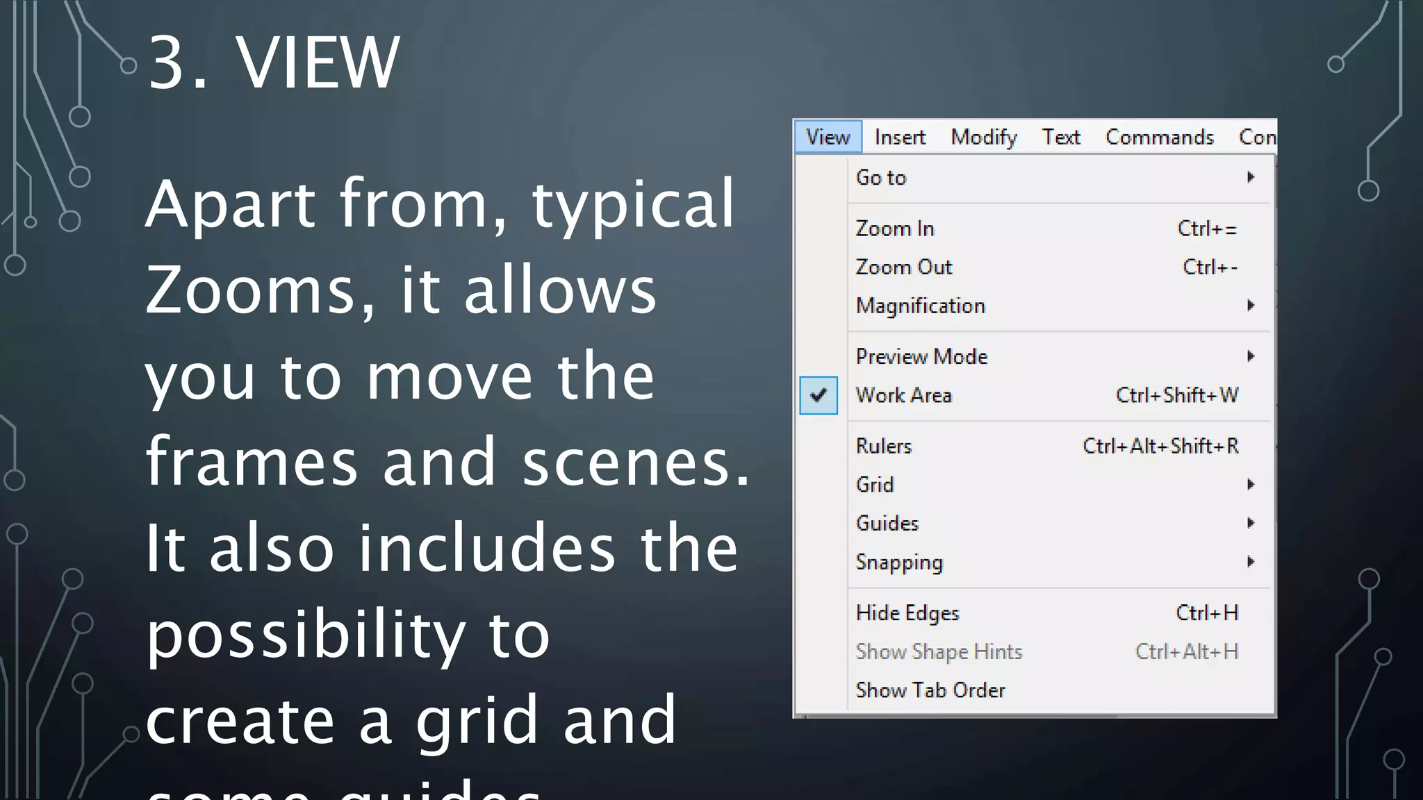 3. VIEW
Apart from, typical
Zooms, it allows
you to move the
frames and scenes.
It also includes the
possibility to
create a grid and
 