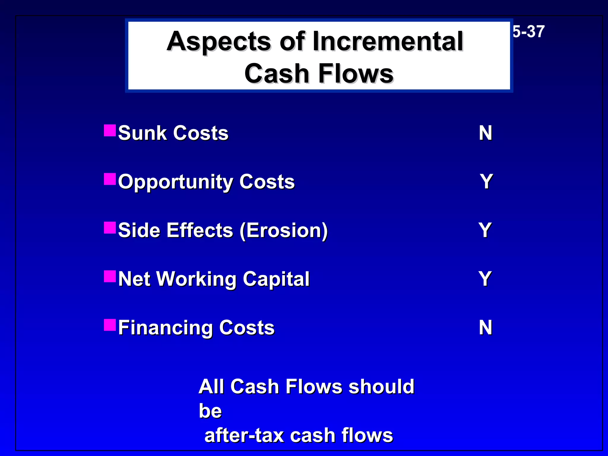 5-37
      Aspects of Incremental
           Cash Flows

Sunk Costs                      N

Opportunity Costs               Y

Side Effects (Erosion)          Y

Net Working Capital             Y

Financing Costs                 N

         All Cash Flows should
         be
         after-tax cash flows
 