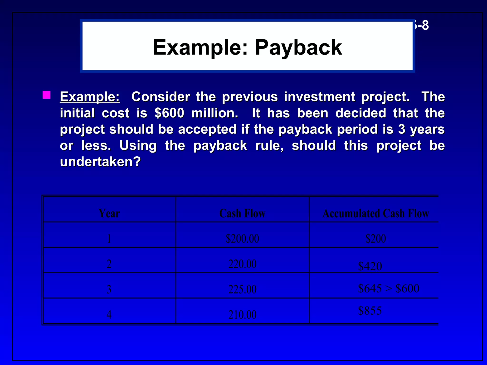 5-8
                Example: Payback

 Example: Consider the previous investment project. The
  initial cost is $600 million. It has been decided that the
  project should be accepted if the payback period is 3 years
  or less. Using the payback rule, should this project be
  undertaken?


        Year              Cash Flow       Accumulated Cash Flow
         1                 $200.00                $200
         2                  220.00              $420
         3                  225.00              $645 > $600

         4                  210.00              $855
 