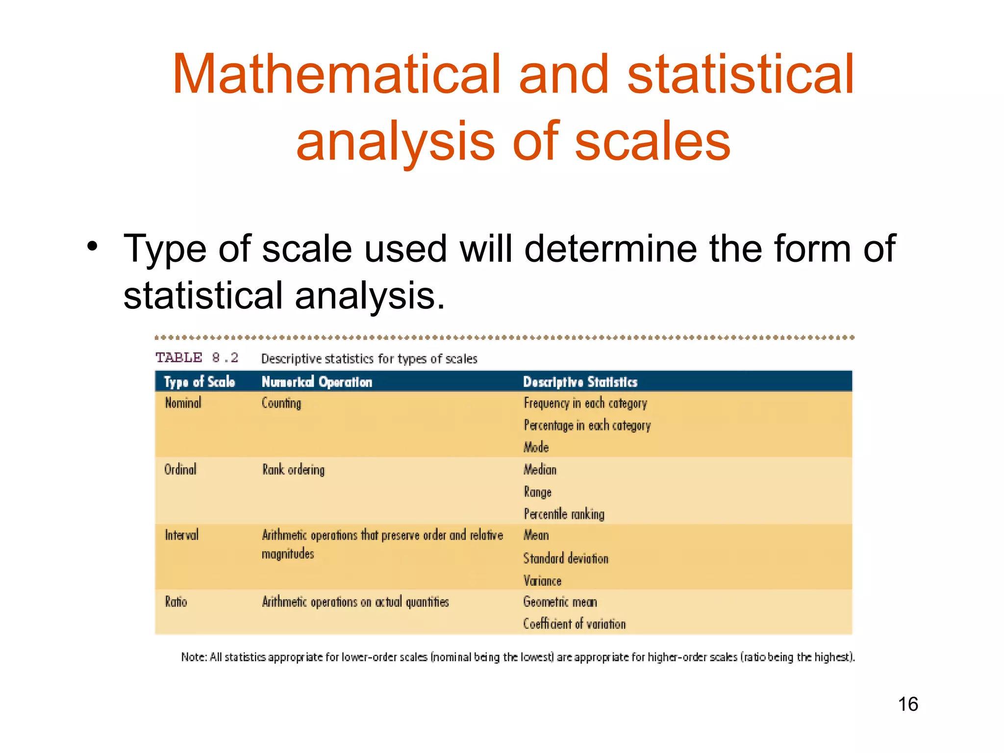 Mathematical and statistical
        analysis of scales
• Type of scale used will determine the form of
  statistical analysis.




                                                  16
 