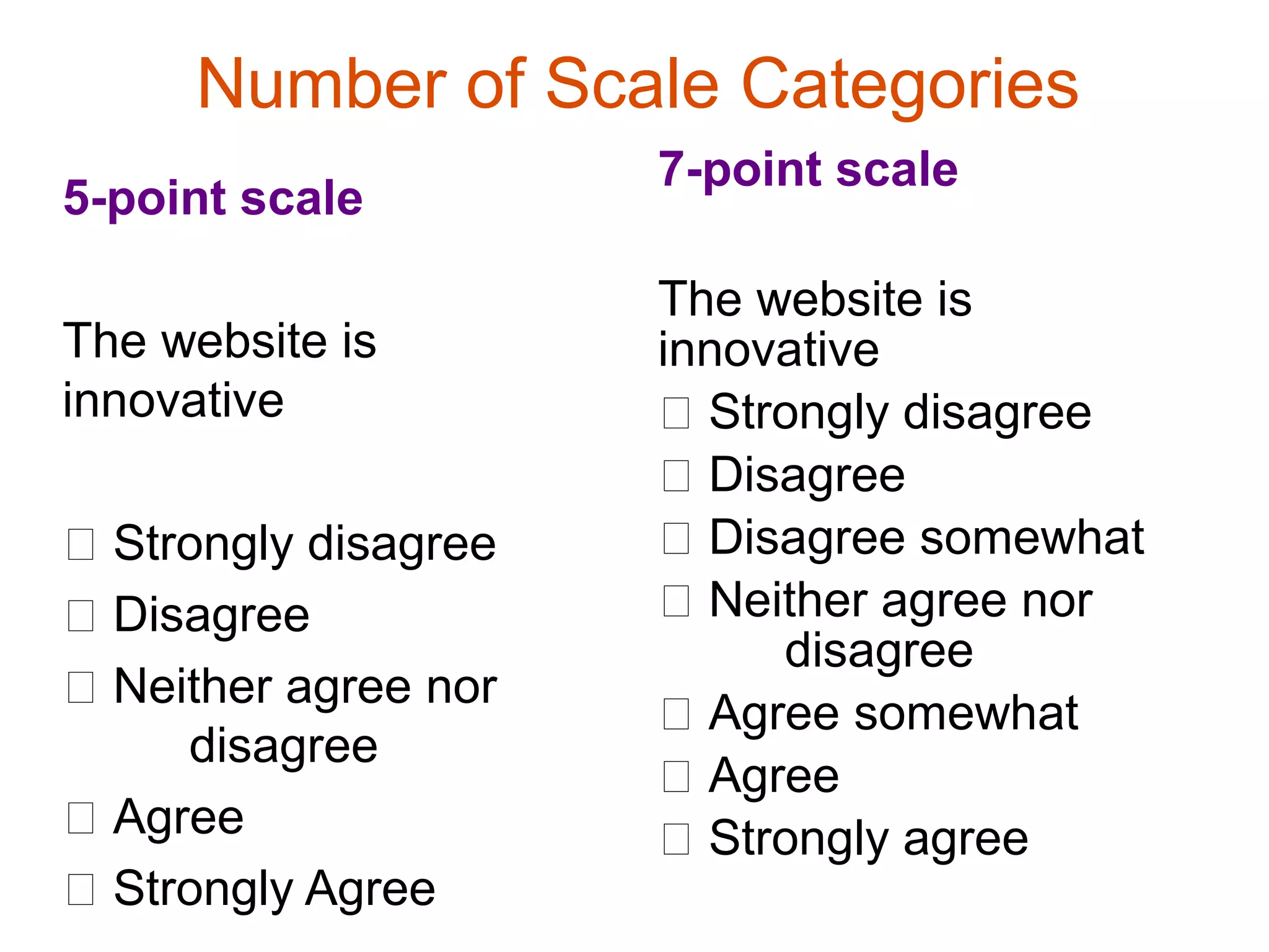 Number of Scale Categories
                      7-point scale
5-point scale

                      The website is
The website is        innovative
innovative             Strongly disagree
                       Disagree
 Strongly disagree    Disagree somewhat
 Disagree             Neither agree nor
                           disagree
 Neither agree nor
                       Agree somewhat
     disagree
                       Agree
 Agree                Strongly agree
 Strongly Agree
 