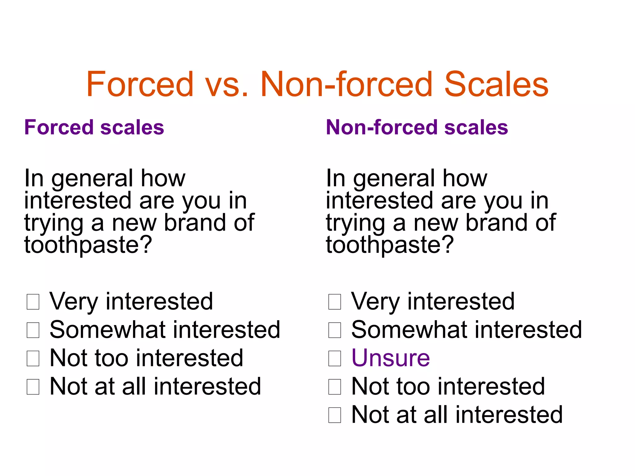 Forced vs. Non-forced Scales
Forced scales             Non-forced scales

In general how            In general how
interested are you in     interested are you in
trying a new brand of     trying a new brand of
toothpaste?               toothpaste?

 Very interested          Very interested
 Somewhat interested      Somewhat interested
 Not too interested       Unsure
 Not at all interested    Not too interested
                           Not at all interested
 