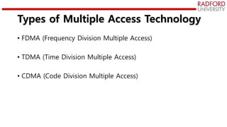 Types of Multiple Access Technology
• FDMA (Frequency Division Multiple Access)
• TDMA (Time Division Multiple Access)
• CDMA (Code Division Multiple Access)
 