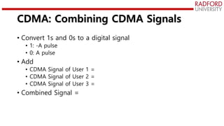 CDMA: Combining CDMA Signals
• Convert 1s and 0s to a digital signal
• 1: -A pulse
• 0: A pulse
• Add
• CDMA Signal of User 1 =
• CDMA Signal of User 2 =
• CDMA Signal of User 3 =
• Combined Signal =
 