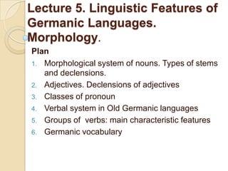 Lecture 5. Linguistic Features of Germanic Languages. Morphology. Plan Morphological system of nouns. Types of stemsand declensions. Adjectives. Declensions of adjectives Classes of pronoun Verbal system in Old Germanic languages Groups of  verbs: main characteristic features  Germanic vocabulary 