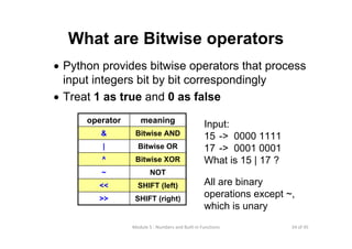 34 of 45Module 5 : Numbers and Built‐in Functions
NOT~
SHIFT (right)>>
SHIFT (left)<<
Bitwise XOR^
Bitwise OR|
Bitwise AND&
meaningoperator
What are Bitwise operators
• Python provides bitwise operators that process
input integers bit by bit correspondingly
• Treat 1 as true and 0 as false
Input:
15 -> 0000 1111
17 -> 0001 0001
What is 15 | 17 ?
All are binary
operations except ~,
which is unary
 