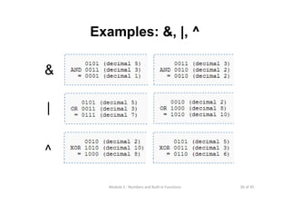 36 of 45Module 5 : Numbers and Built‐in Functions
Examples: &, |, ^
&
|
^
 