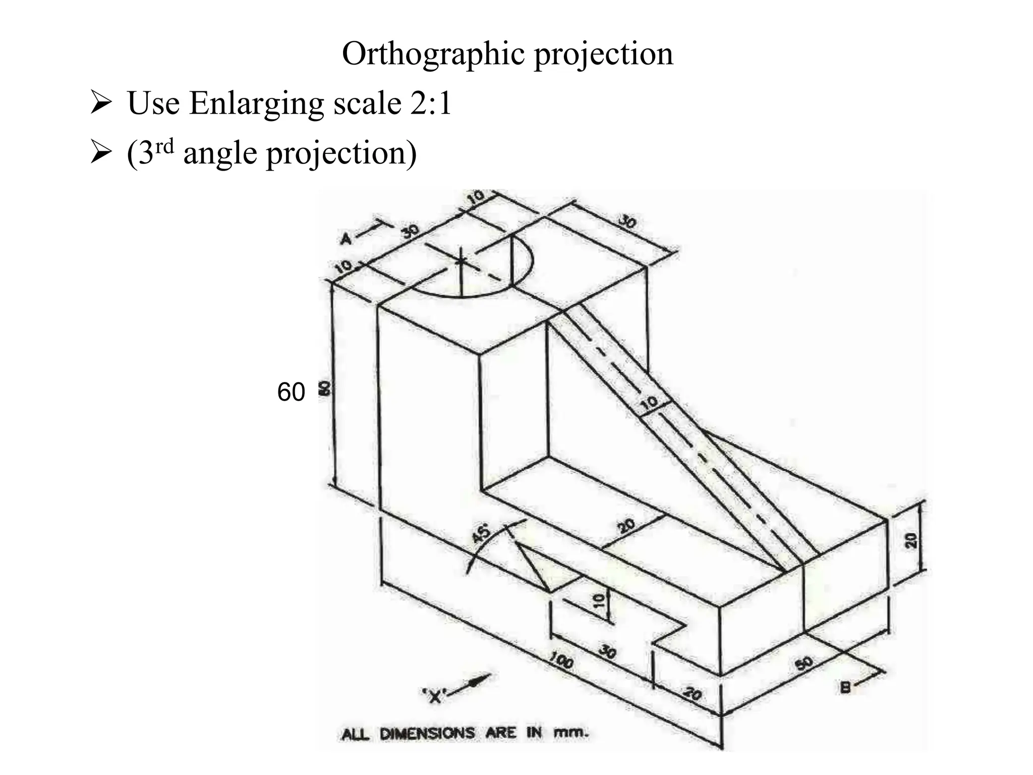 Orthographic projection
 Use Enlarging scale 2:1
 (3rd angle projection)
60
 