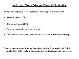 Reference Planes/Principle Planes Of Projection
Two planes employed for the purpose of orthographic projection are
 Vertical plane (VP)
 Horizontal plane (HP)
 They intersect each other at right angle
 The line where these two planes intersect is called as reference line (xy)
There are two ways of drawing in orthographic - First Angle and Third
Angle. They differ only in the position of the top, front and side views.
 