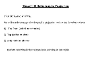 Theory Of Orthographic Projection
THREE BASIC VIEWS:
We will use the concept of orthographic projection to draw the three basic views
1) The front (called as elevation)
2) Top (called as plan)
3) Side views of objects
Isometric drawing is three dimensional drawing of the object.
 